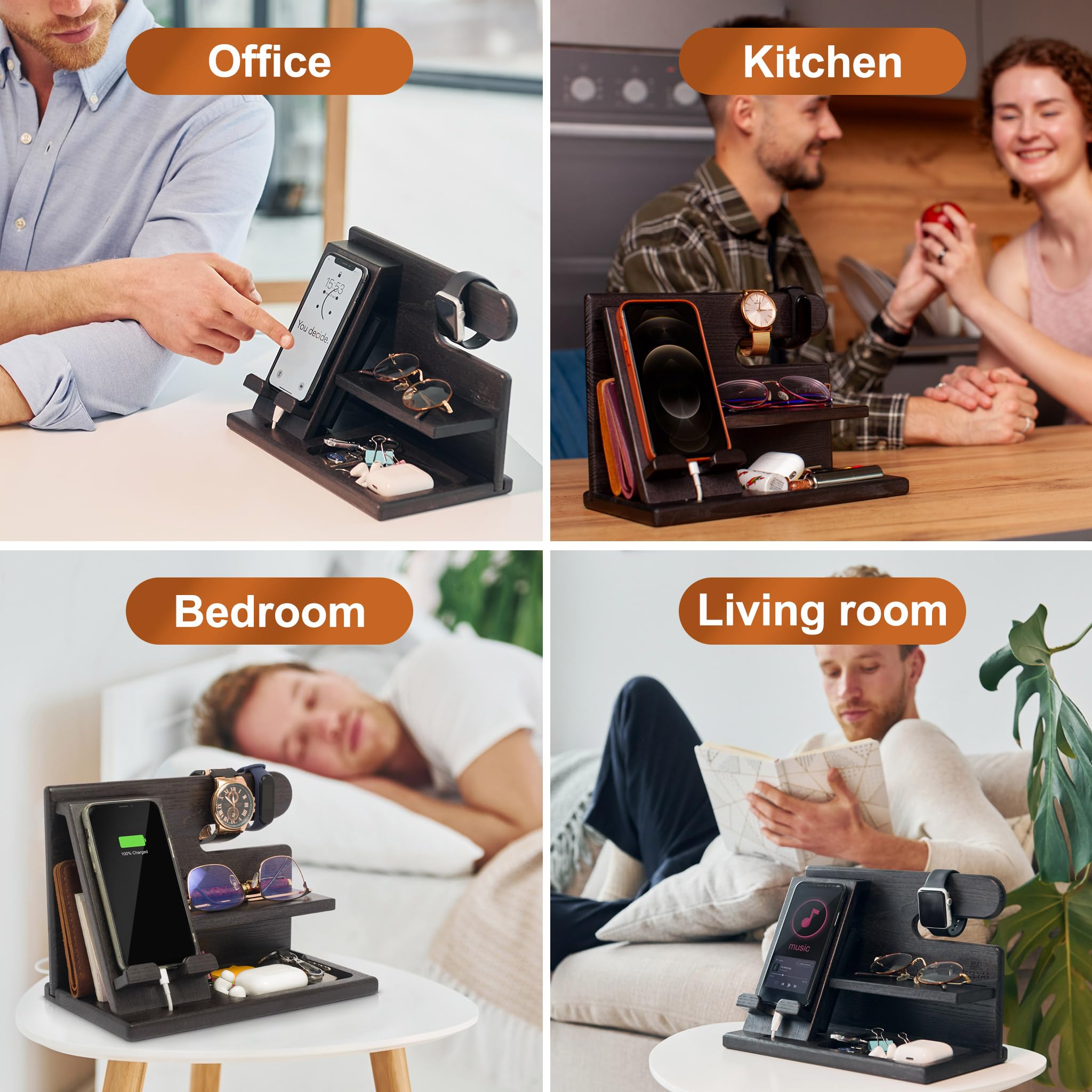 TESLYAR TESLYAR Wood Phone Docking Station: Perfect Nightstand & Desk Organizer Gift for Men, Dads & Husbands - Ideal for Birthdays & Anniversaries - View 4 of 9