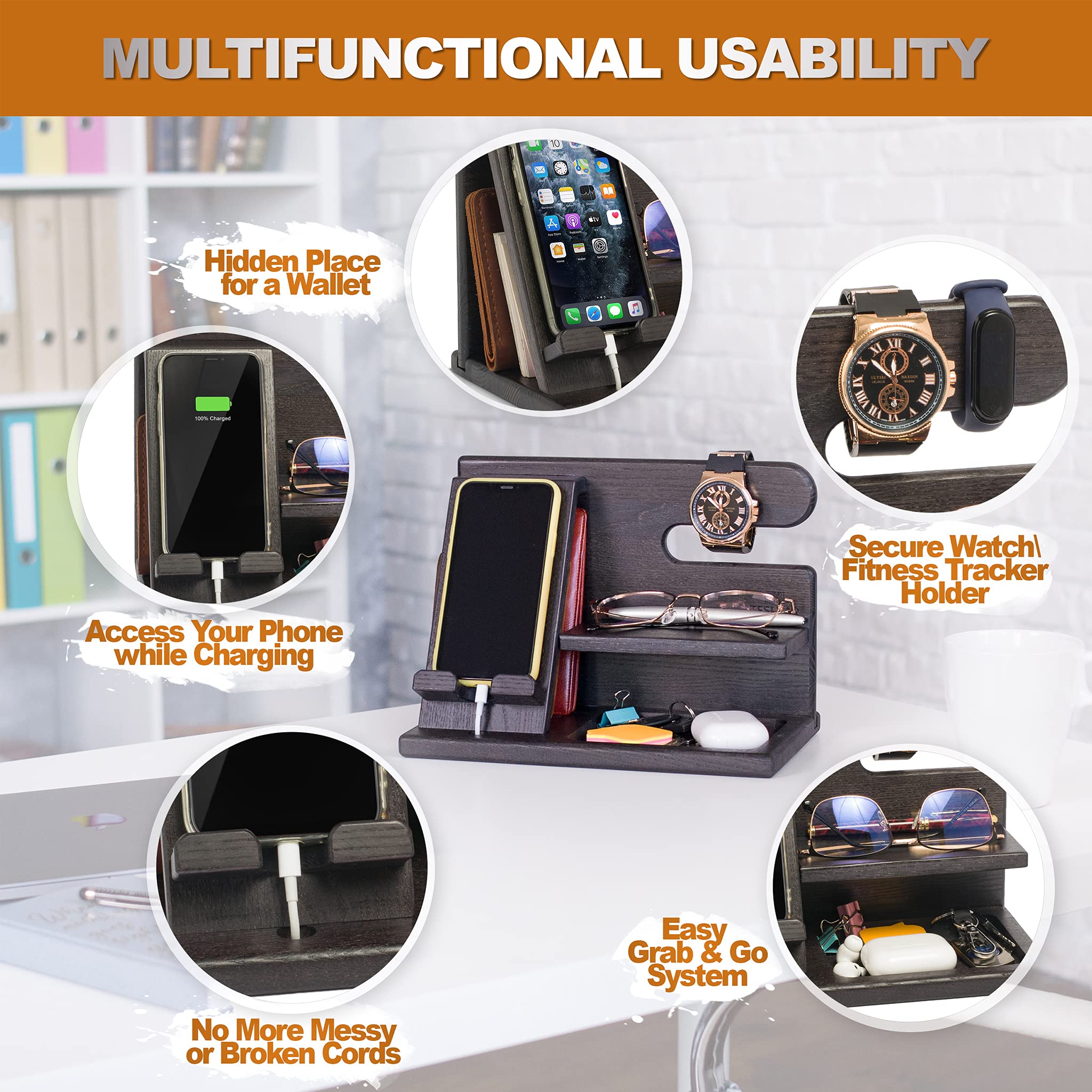 TESLYAR TESLYAR Wood Phone Docking Station: Perfect Nightstand & Desk Organizer Gift for Men, Dads & Husbands - Ideal for Birthdays & Anniversaries - View 5 of 9