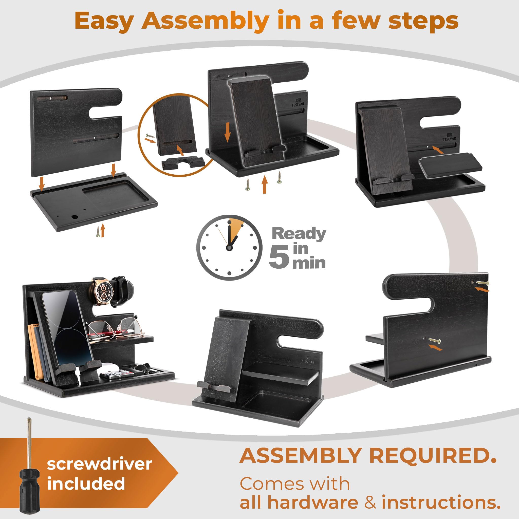 TESLYAR TESLYAR Wood Phone Docking Station: Perfect Nightstand & Desk Organizer Gift for Men, Dads & Husbands - Ideal for Birthdays & Anniversaries - View 6 of 9