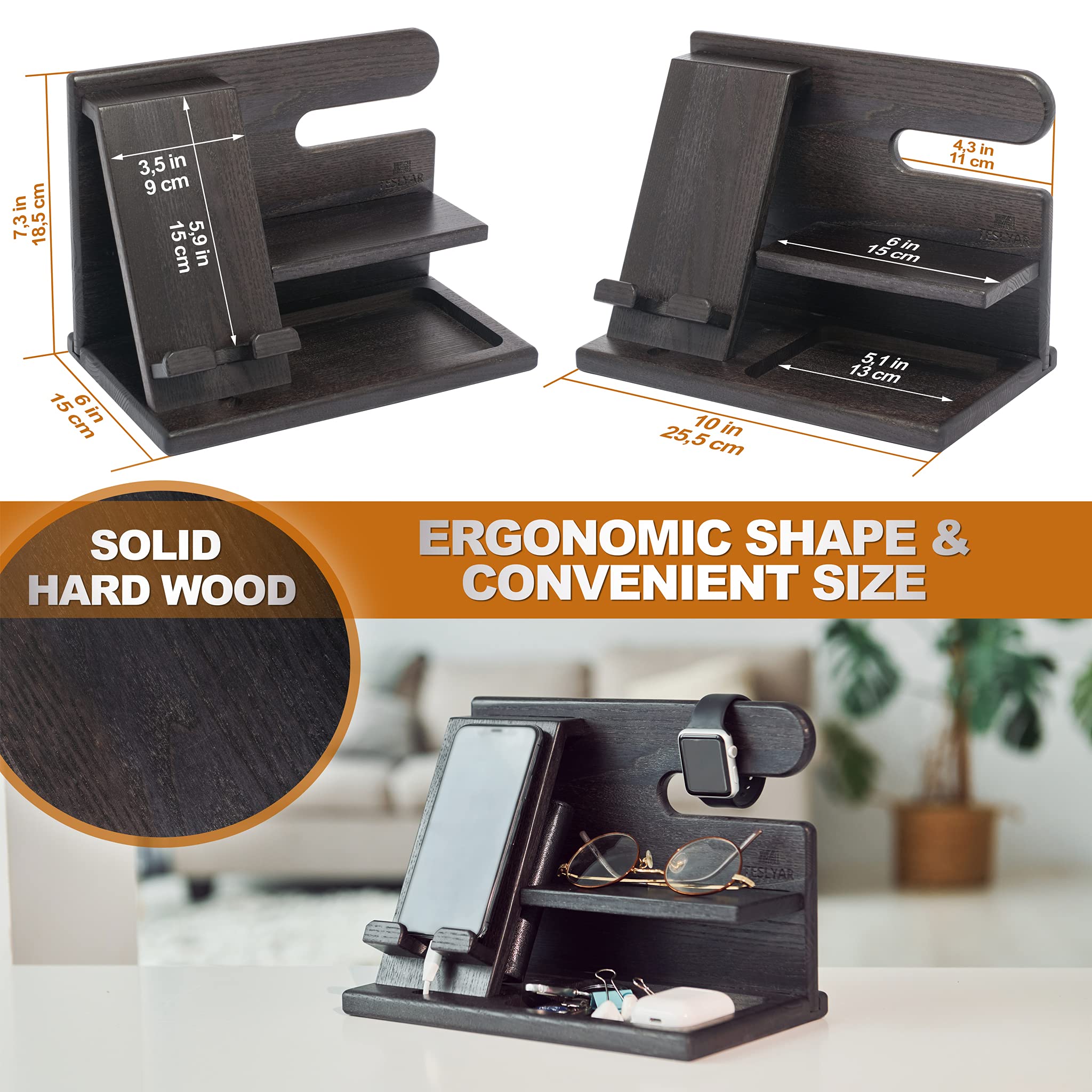 TESLYAR TESLYAR Wood Phone Docking Station: Perfect Nightstand & Desk Organizer Gift for Men, Dads & Husbands - Ideal for Birthdays & Anniversaries - View 7 of 9