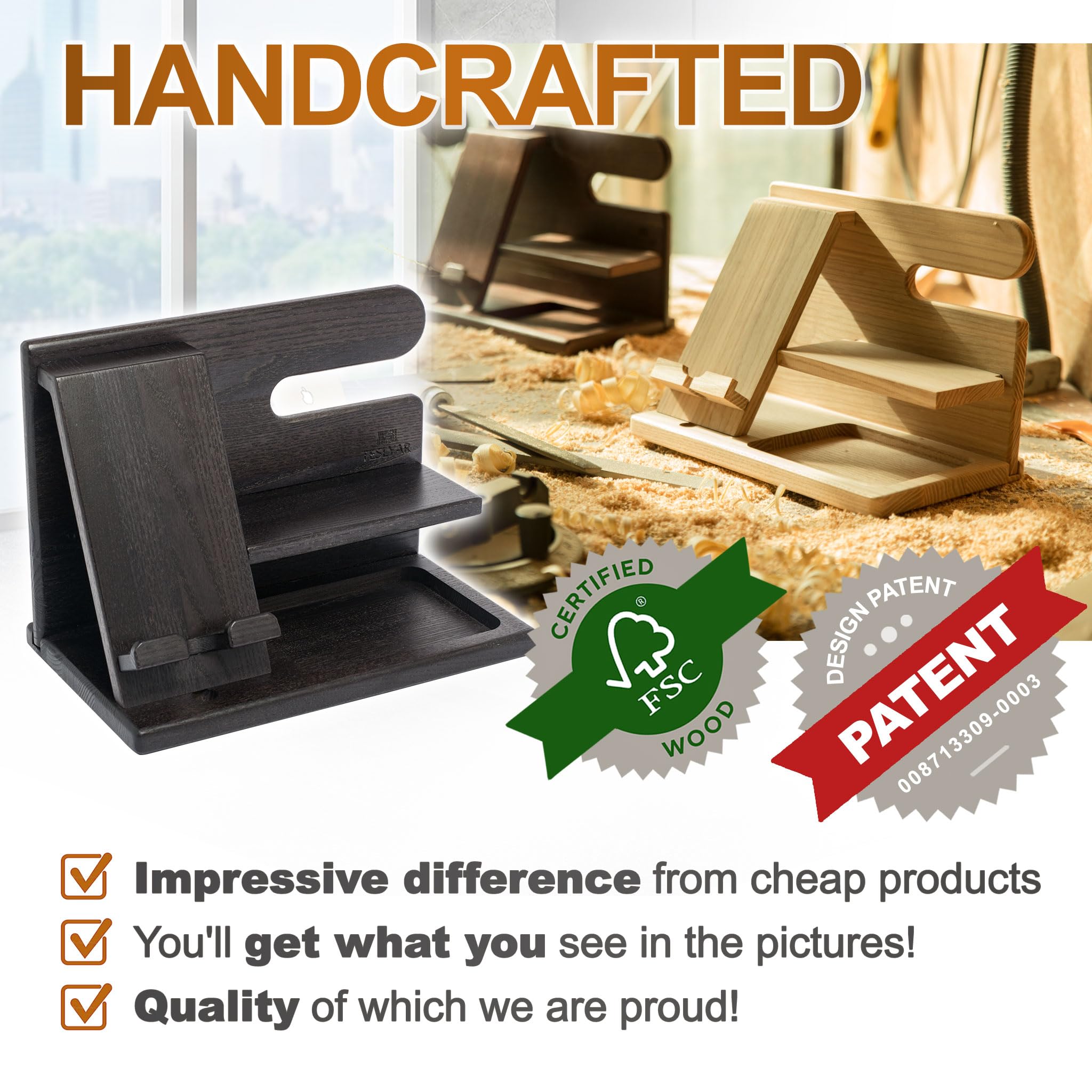 TESLYAR TESLYAR Wood Phone Docking Station: Perfect Nightstand & Desk Organizer Gift for Men, Dads & Husbands - Ideal for Birthdays & Anniversaries - View 8 of 9