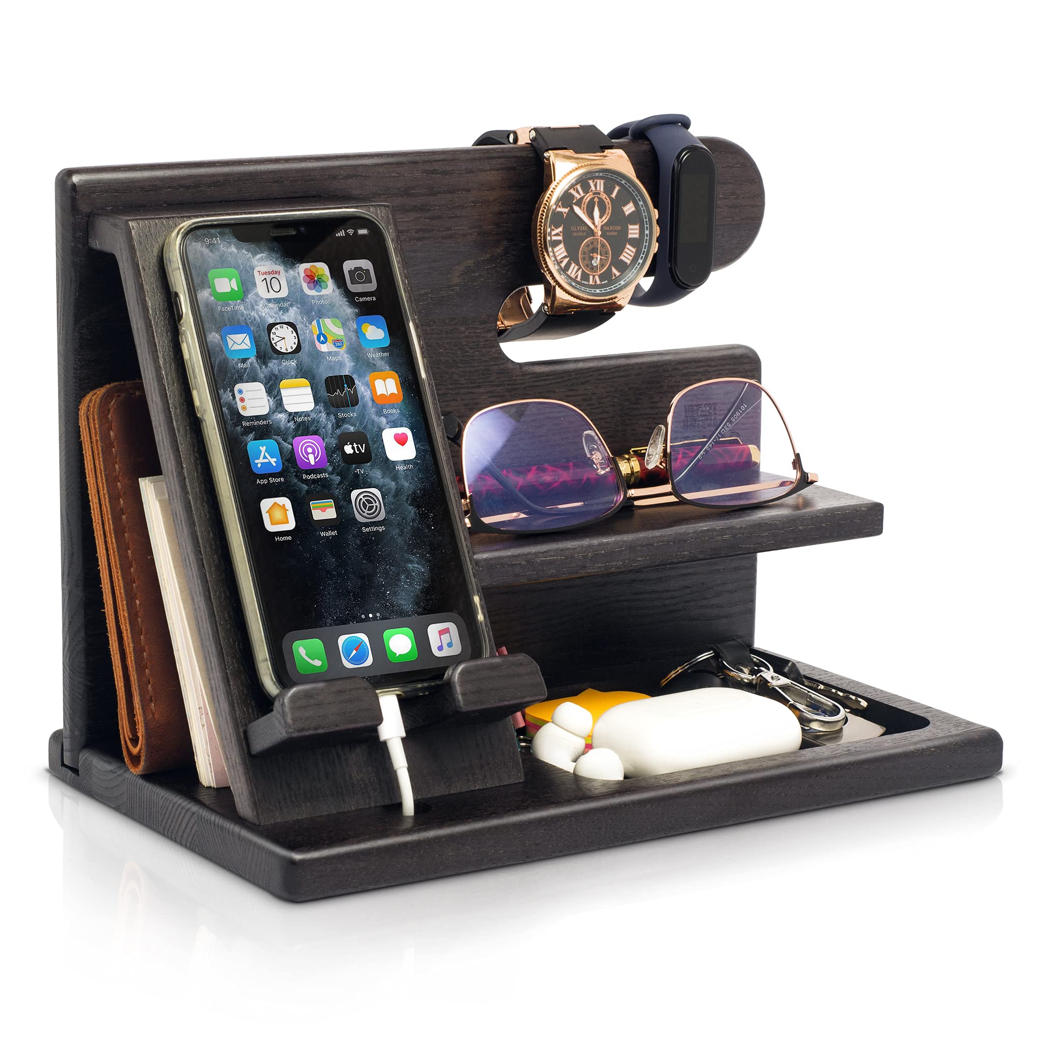 TESLYAR TESLYAR Wood Phone Docking Station: Perfect Nightstand & Desk Organizer Gift for Men, Dads & Husbands - Ideal for Birthdays & Anniversaries