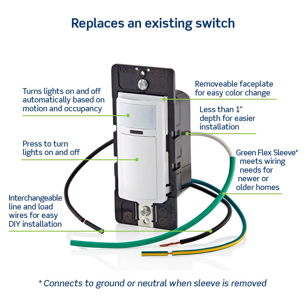 Leviton Motion Sensor Light Switch Auto On Off No Neutral Wire Single Pole Light Almond DOS02-1LT - View 4 of 9