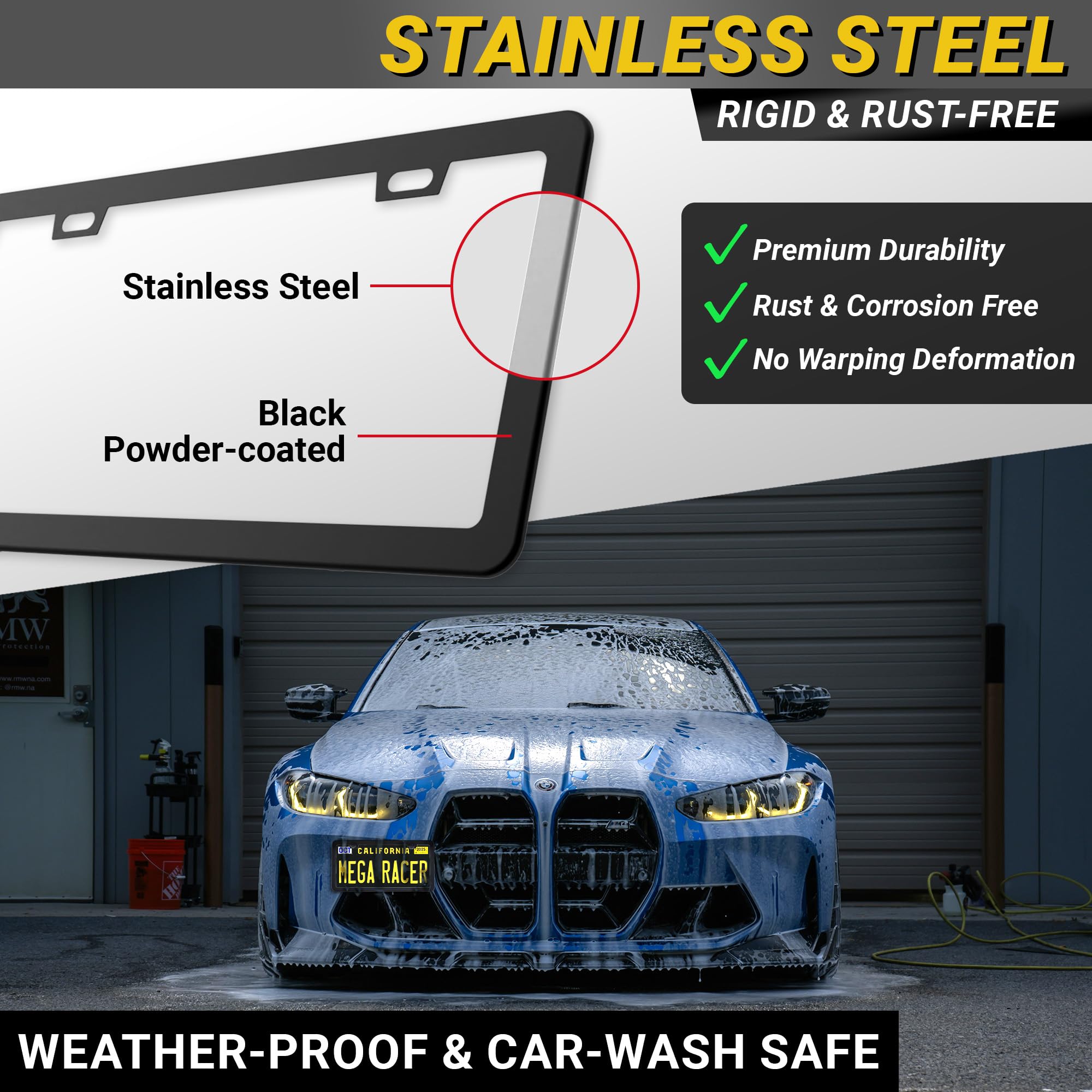 Mega Racer Matte Black License Plate Frame Holder 2 Pack Metal Cover for Car Plate Frames Rear License Plate Frame Holder - View 5 of 9