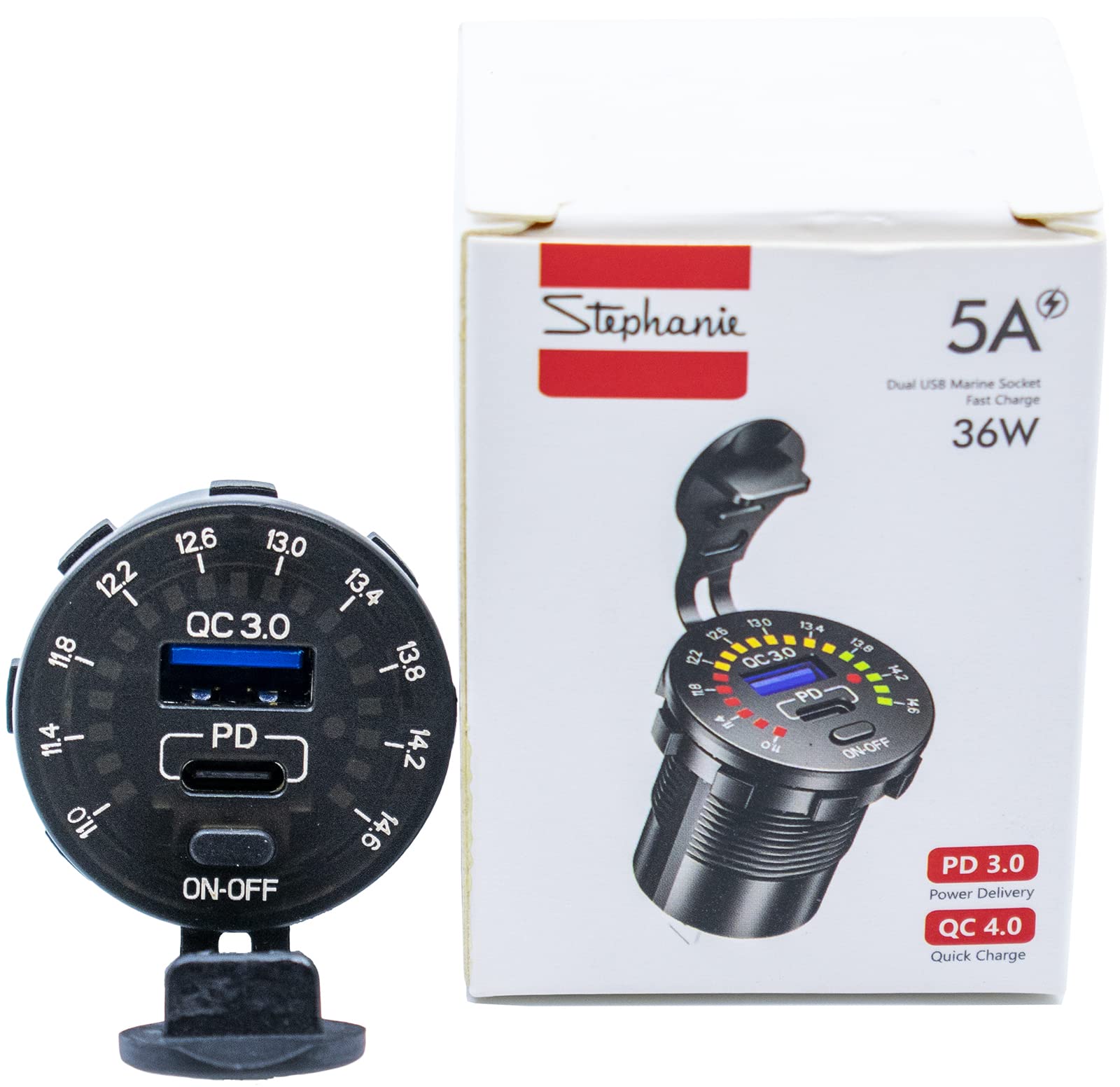 Stephanie Imports 12/24V Dual USB Type C PD 3.0 Fast Charger with Voltmeter for Car, Boat & RV - 36W + 18W Power Switch