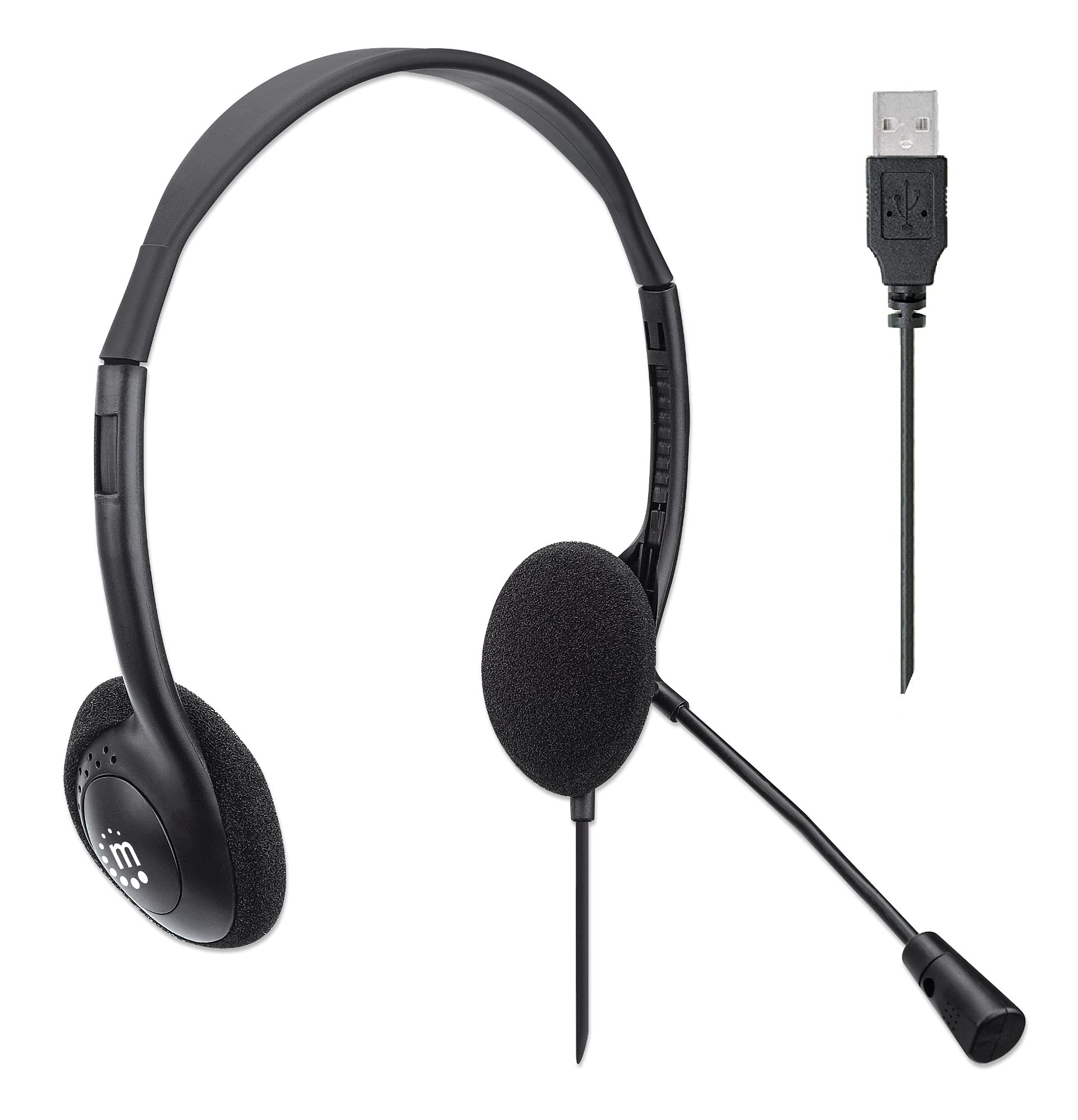 MANHATTAN MANHATTAN USB Headset with Mic Long Cable Dual-Sided Padded On-Ear Adjustable Headband for Desktop Laptop Computer 3 Year Warranty