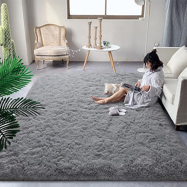 DweIke DweIke Fluffy Grey Rugs 5x8 Feet Soft Plush Shaggy Non-Slip Machine Washable Carpet for Bedroom Living Room Kids Nursery Decor