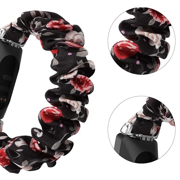FitTurn FitTurn Cute Elastic Bands for Fitbit Inspire 2 HR Ace 2 Fabric Wristbands Bracelet Watch Band Safflower Black Pattern - View 2 of 6