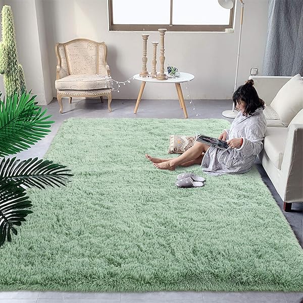 DweIke DweIke Fluffy Sage Green Rug 3x5 Feet Soft Plush Shaggy Non-Slip Machine Washable Carpet for Bedroom Living Room Kids Decor