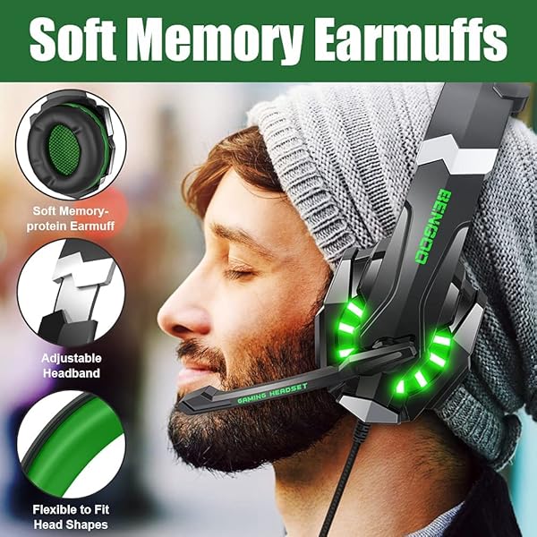 BENGOO BENGOO G9000 Stereo Gaming Headset Noise Cancelling Over Ear Headphones with Mic LED Light Bass Surround Soft Memory Earmuffs for PS4 PC Xbox One PS5 - View 4 of 8