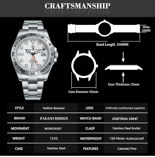 PAGRNE DESIGN Pagani Design Men's Automatic Mechanical GMT 42mm Sport Waterproof Stainless Steel Sapphire Glass Wrist Watch - View 7 of 8