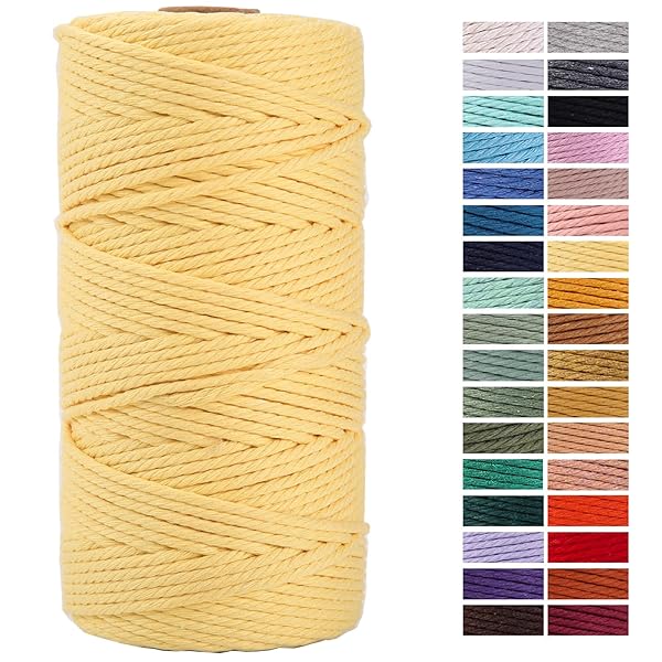 ZXCDINO Light Yellow Macrame Cord 3mm 109 Yards Colored Cotton Rope for Wall Hanging Plant Hangers Crafts and Knitting Decorative Projects