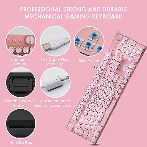 LexonElec Pink Typewriter Keyboard and Mouse Retro Vintage Mechanical Gaming Keyboard with LED Backlit 104 Keys Anti-Ghosting Blue Switch for PC Mac - View 4 of 10