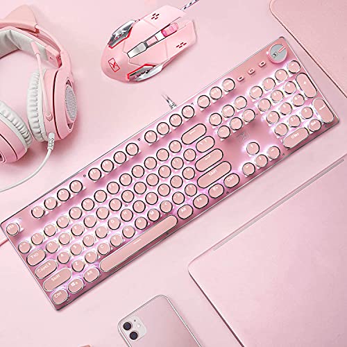 LexonElec Pink Typewriter Keyboard and Mouse Retro Vintage Mechanical Gaming Keyboard with LED Backlit 104 Keys Anti-Ghosting Blue Switch for PC Mac - View 10 of 10