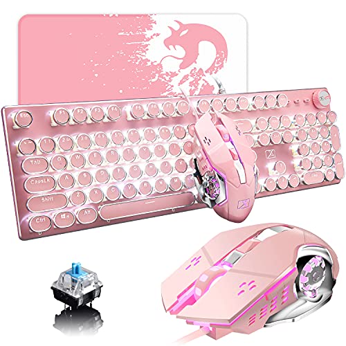 LexonElec Pink Typewriter Keyboard and Mouse Retro Vintage Mechanical Gaming Keyboard with LED Backlit 104 Keys Anti-Ghosting Blue Switch for PC Mac