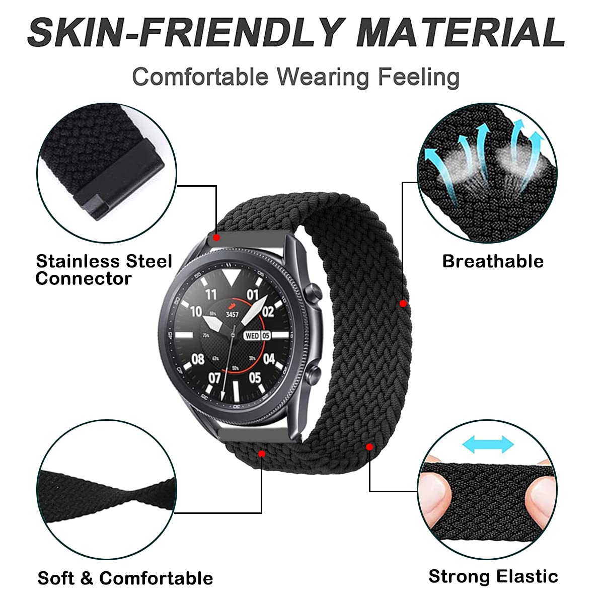 Minggo Braided Band for Samsung Galaxy Watch3 45mm Stretchable Elastic Woven Replacement Strap for Gear S3 Frontier Classic Galaxy Watch 46mm Black Pink S - View 3 of 7