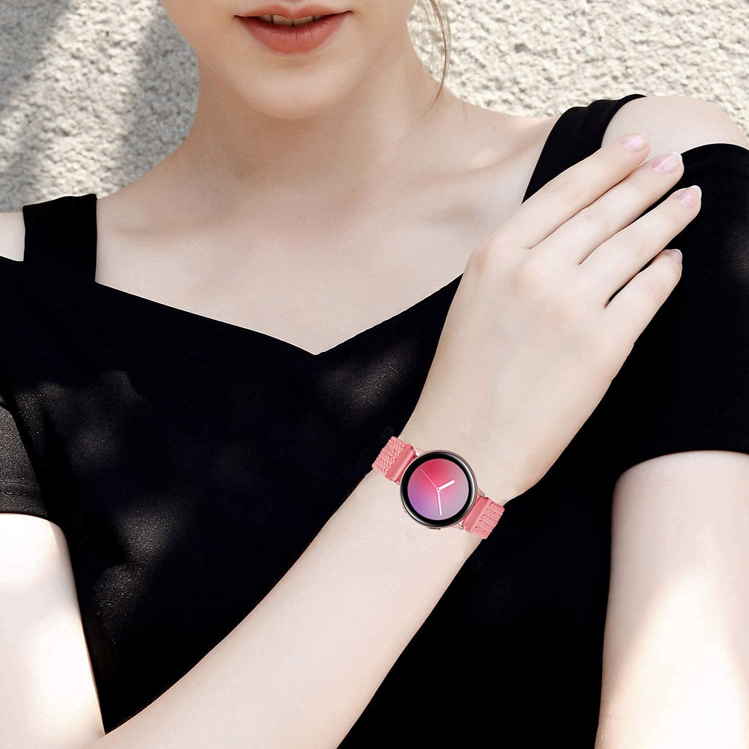 Minggo Braided Band for Samsung Galaxy Watch3 45mm Stretchable Elastic Woven Replacement Strap for Gear S3 Frontier Classic Galaxy Watch 46mm Black Pink S - View 5 of 7