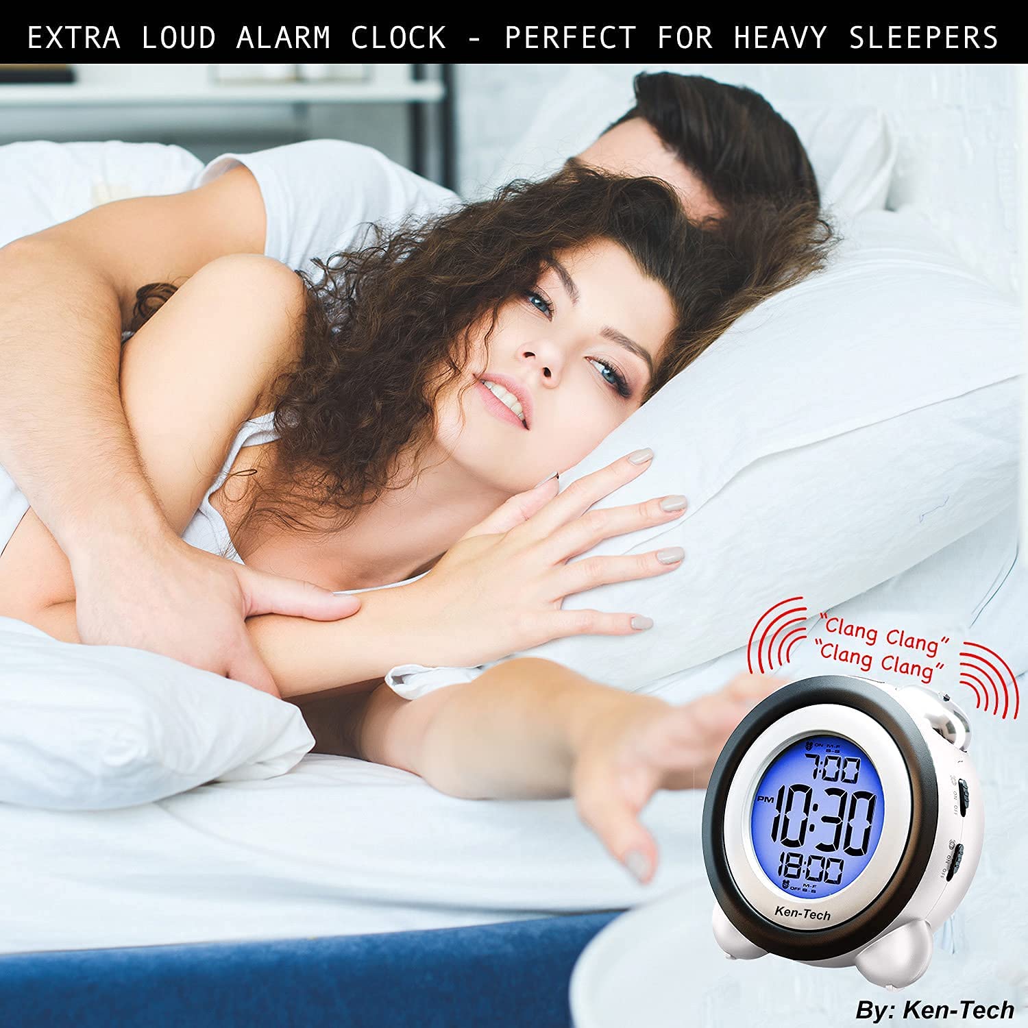 Sonnet Twin Bell Digital Alarm Clock Loud for Heavy Sleepers Battery Operated Dual Alarm Blue Backlight for Teens and Seniors by Ken-Tech White - View 2 of 8