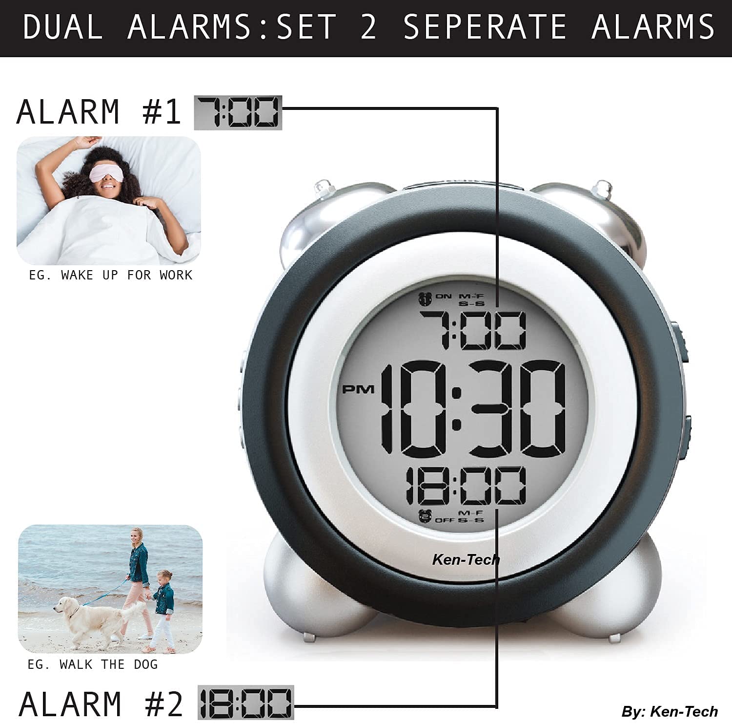 Sonnet Twin Bell Digital Alarm Clock Loud for Heavy Sleepers Battery Operated Dual Alarm Blue Backlight for Teens and Seniors by Ken-Tech White - View 4 of 8