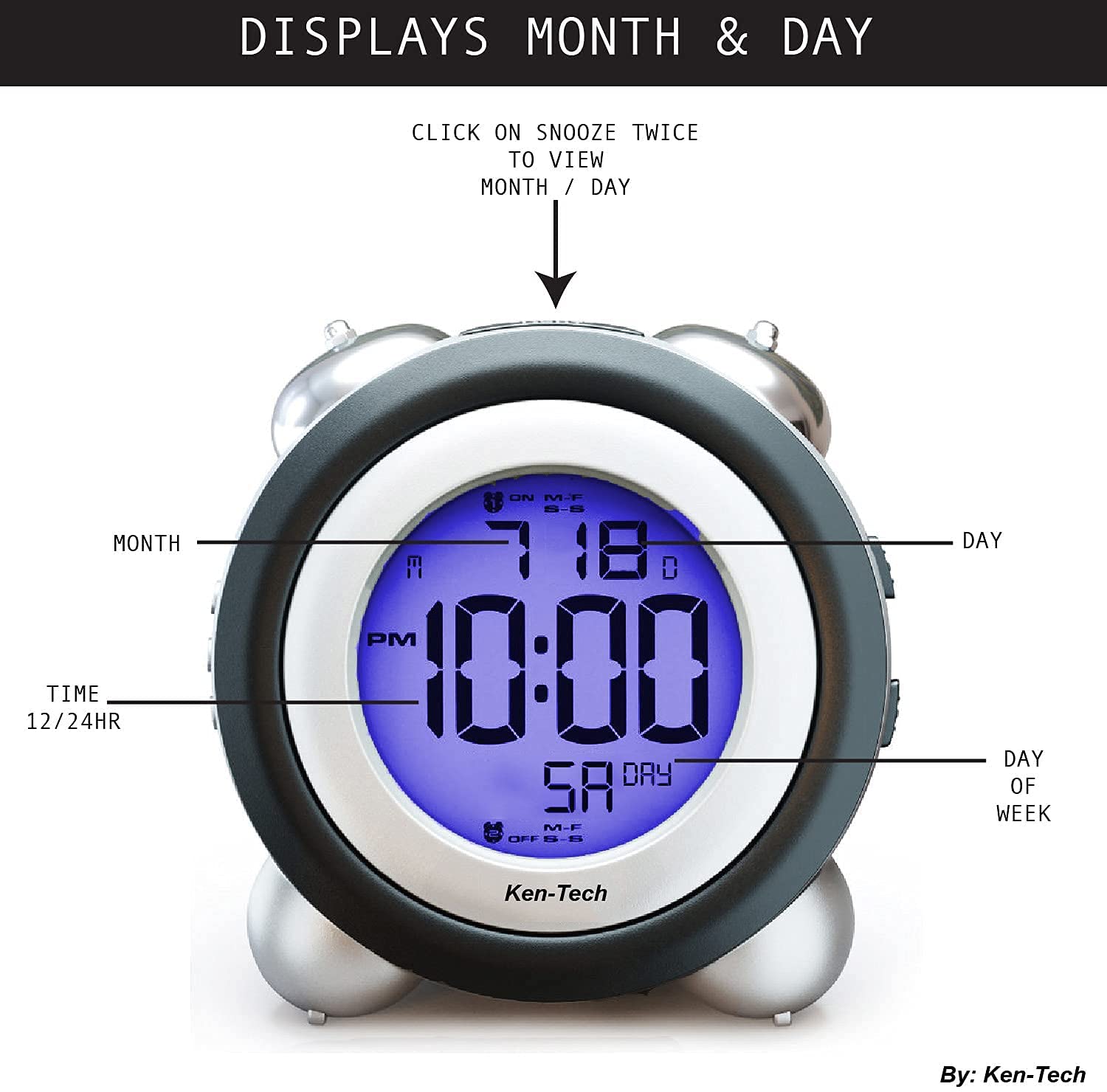 Sonnet Twin Bell Digital Alarm Clock Loud for Heavy Sleepers Battery Operated Dual Alarm Blue Backlight for Teens and Seniors by Ken-Tech White - View 6 of 8