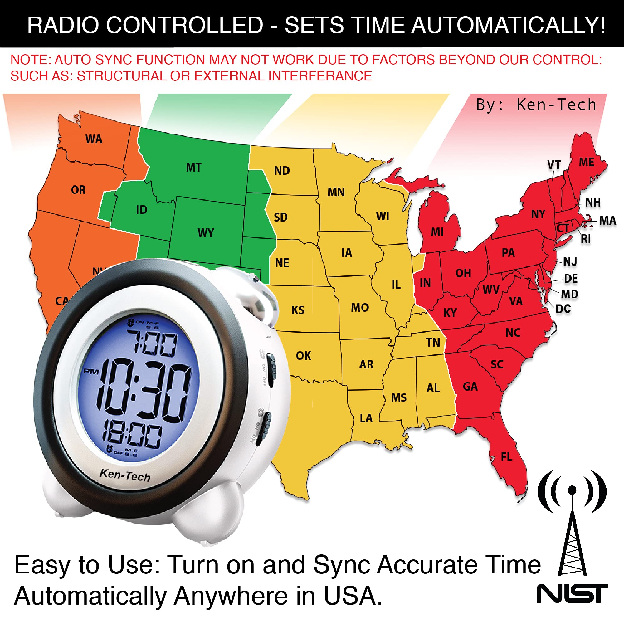 Sonnet Twin Bell Digital Alarm Clock Loud for Heavy Sleepers Battery Operated Dual Alarm Blue Backlight for Teens and Seniors by Ken-Tech White - View 7 of 8