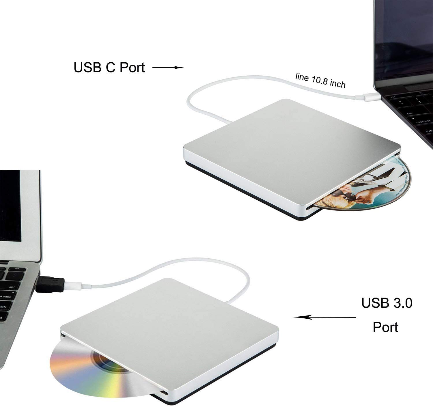 Aouan Aouan Portable Slim External CD DVD Drive Burner USB C for MacBook Pro PC Laptop Windows 7 8 10 Silver - View 2 of 6