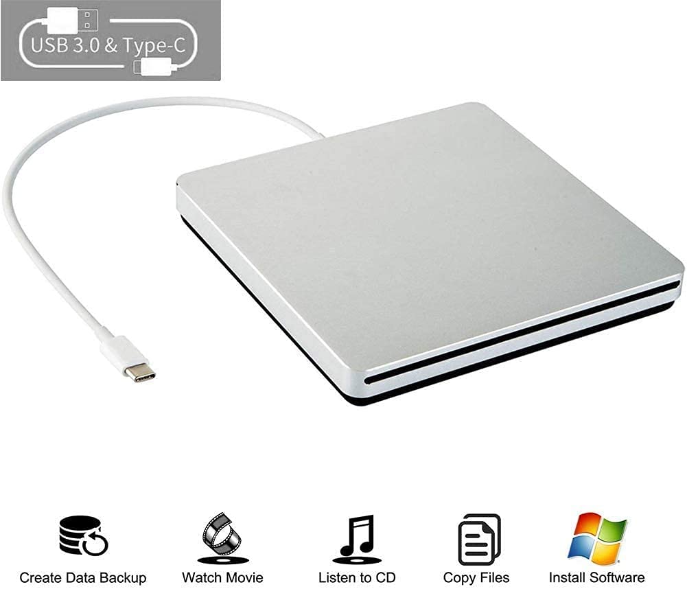Aouan Aouan Portable Slim External CD DVD Drive Burner USB C for MacBook Pro PC Laptop Windows 7 8 10 Silver - View 3 of 6