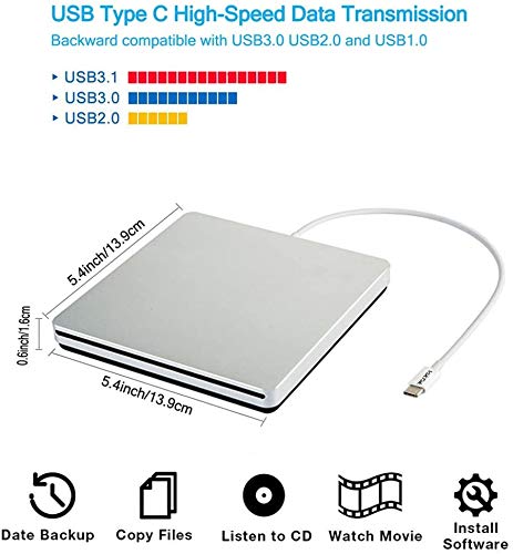 Aouan Aouan Portable Slim External CD DVD Drive Burner USB C for MacBook Pro PC Laptop Windows 7 8 10 Silver - View 4 of 6