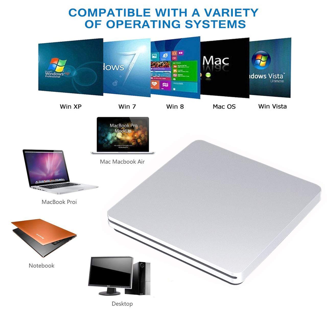 Aouan Aouan Portable Slim External CD DVD Drive Burner USB C for MacBook Pro PC Laptop Windows 7 8 10 Silver - View 5 of 6