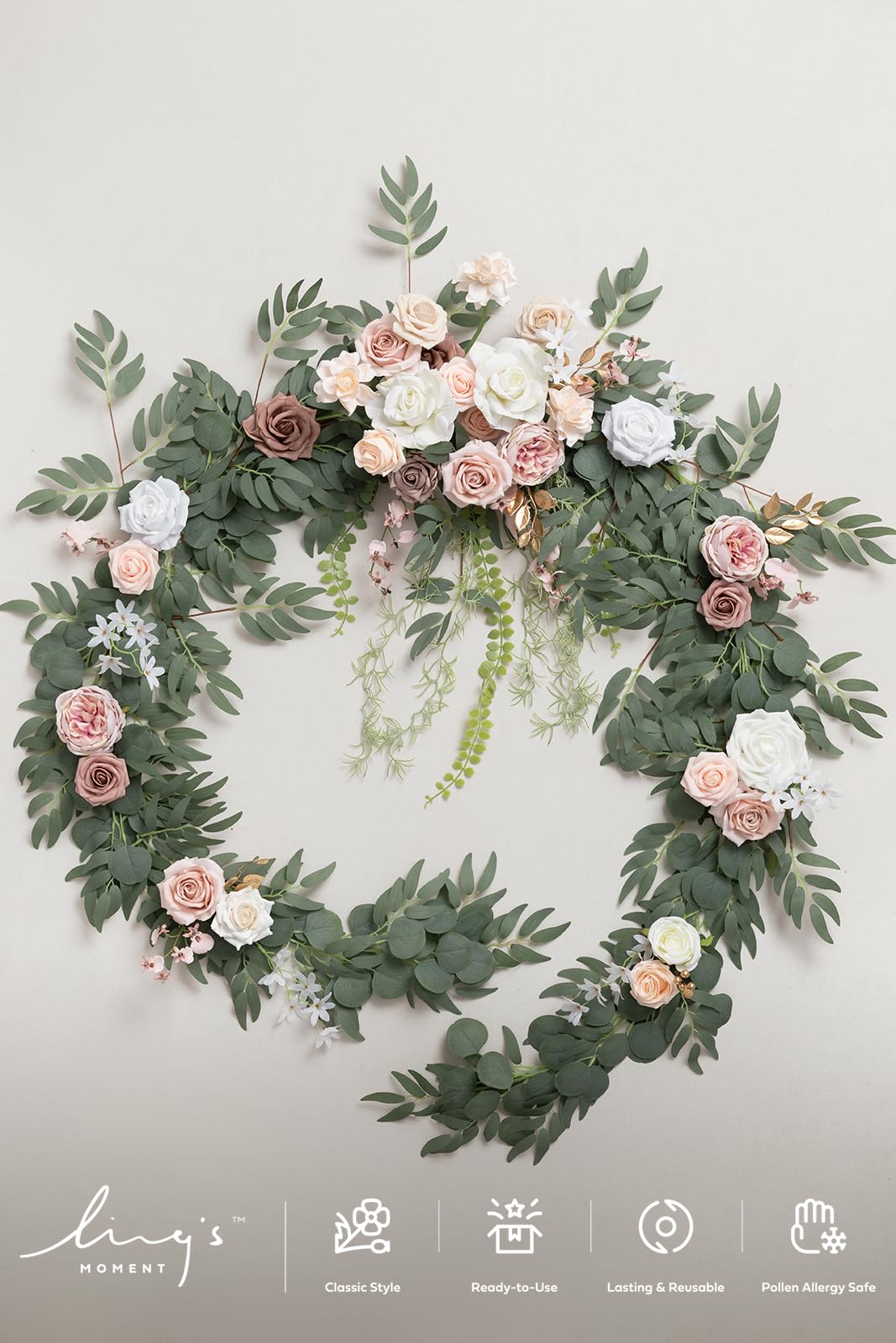 Ling's Moment 9FT Spring Flower Garland for Wedding Arch Decorations Eucalyptus Rose Artificial Floral Mantle Decor Dusty Rose - View 6 of 6