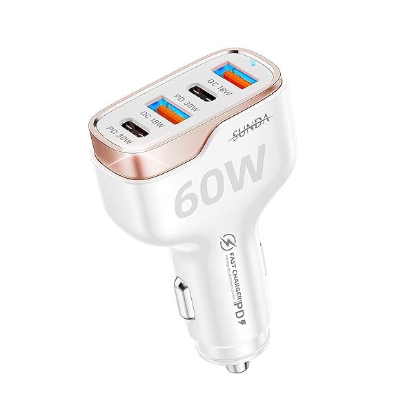 SUNDA Fast Car Charger SUNDA 60W: 4-Port USB C & Dual USB-A for iPhone 15/14 Pro, iPad Pro, Galaxy S23 & More