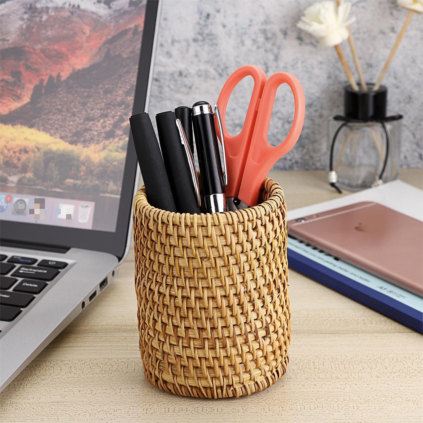 BTSKY Rattan Pen Cup Handmade Desk Pencil Holder Multi-Functional Woven Basket for Office and Home Desktop Organizer - View 6 of 7