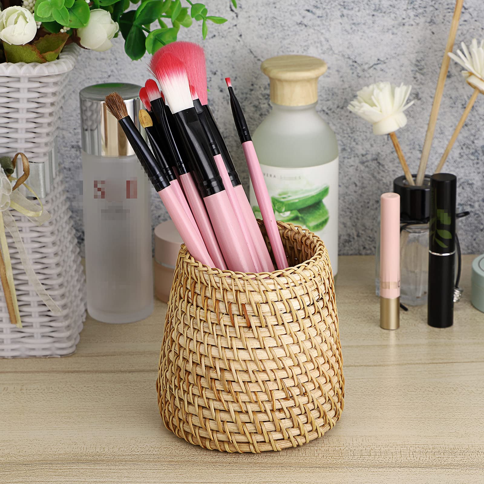 BTSKY Rattan Pen Cup Handmade Desk Pencil Holder Multi Functional Woven Basket Office Home Desktop Organizer Cone - View 6 of 7