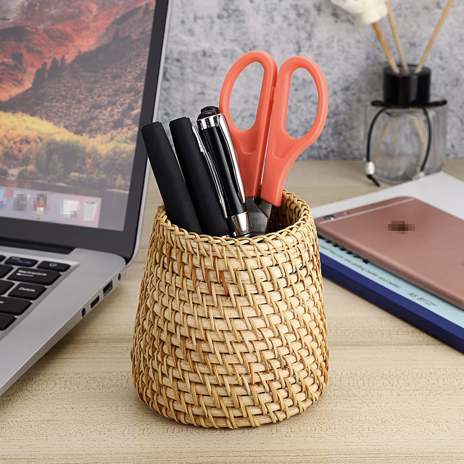 BTSKY Rattan Pen Cup Handmade Desk Pencil Holder Multi Functional Woven Basket Office Home Desktop Organizer Cone - View 7 of 7