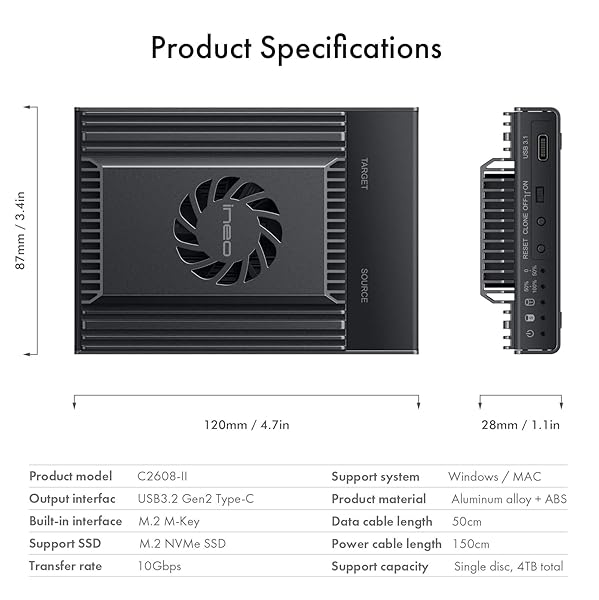 ineo ineo Dual-Bay NVMe Clone Docking Station with Cooling Fan for Offline Clone Duplicator 2608 - View 8 of 10