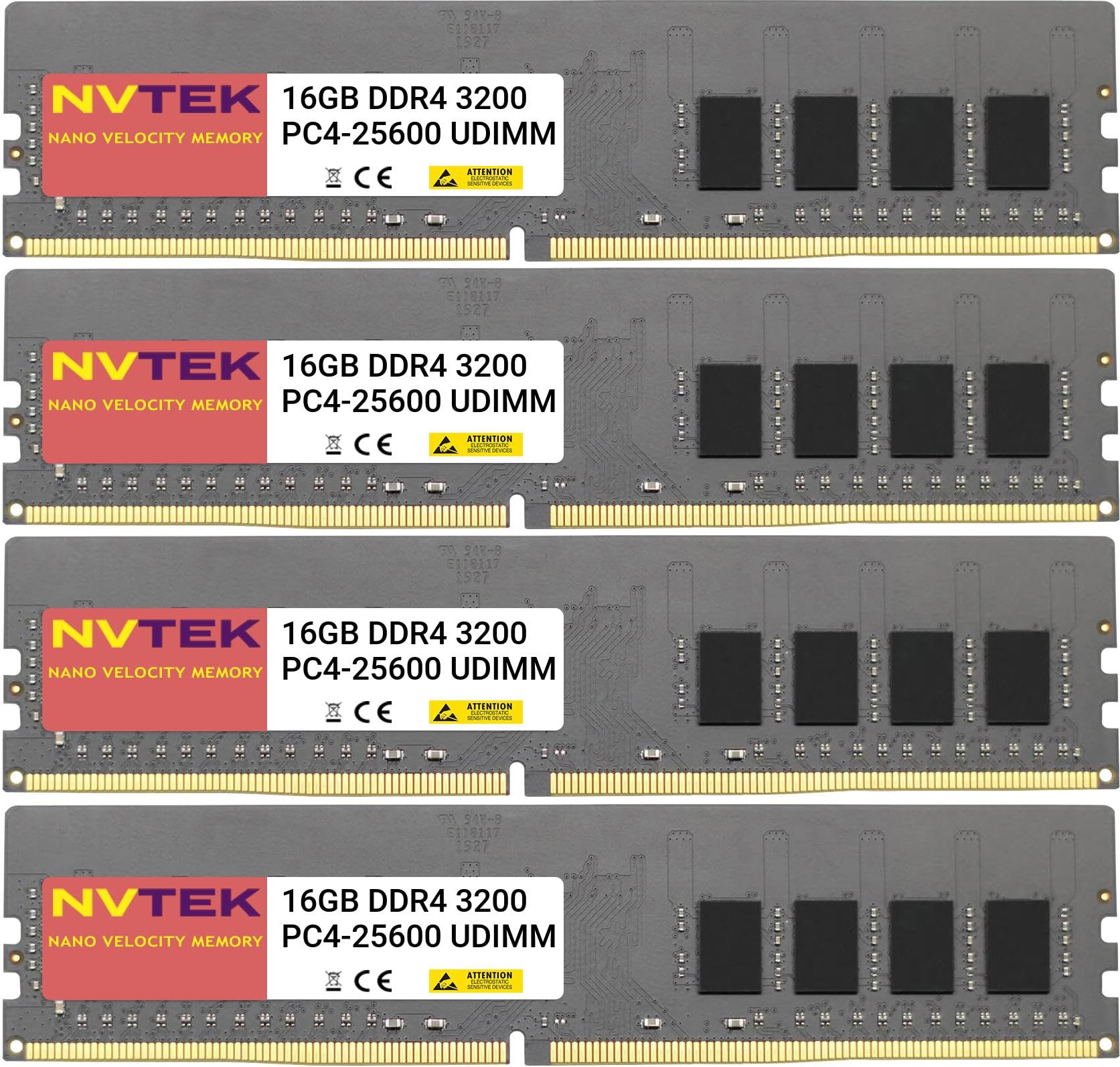 NVTEK 64GB DDR4 3200MHz PC4-25600 UDIMM Non-ECC Desktop Memory Kit 4X16GB 288-Pin CL22 1.2V High Performance RAM