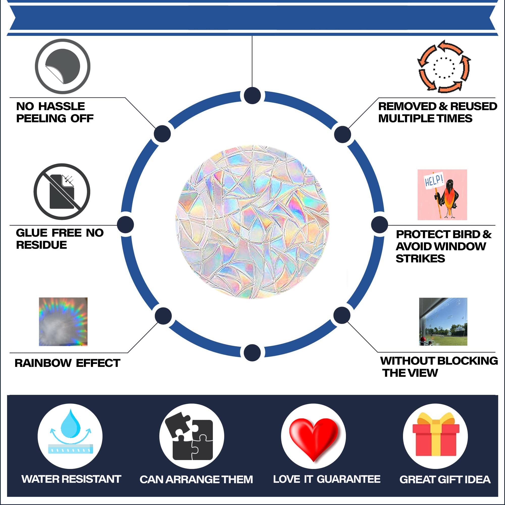 STICKERGURU 16 Pieces Hexagon Bee Window Clings Anti Collision Decals Save Birds Non Adhesive Prismatic Vinyl Rainbow Stickers Bright - View 2 of 7