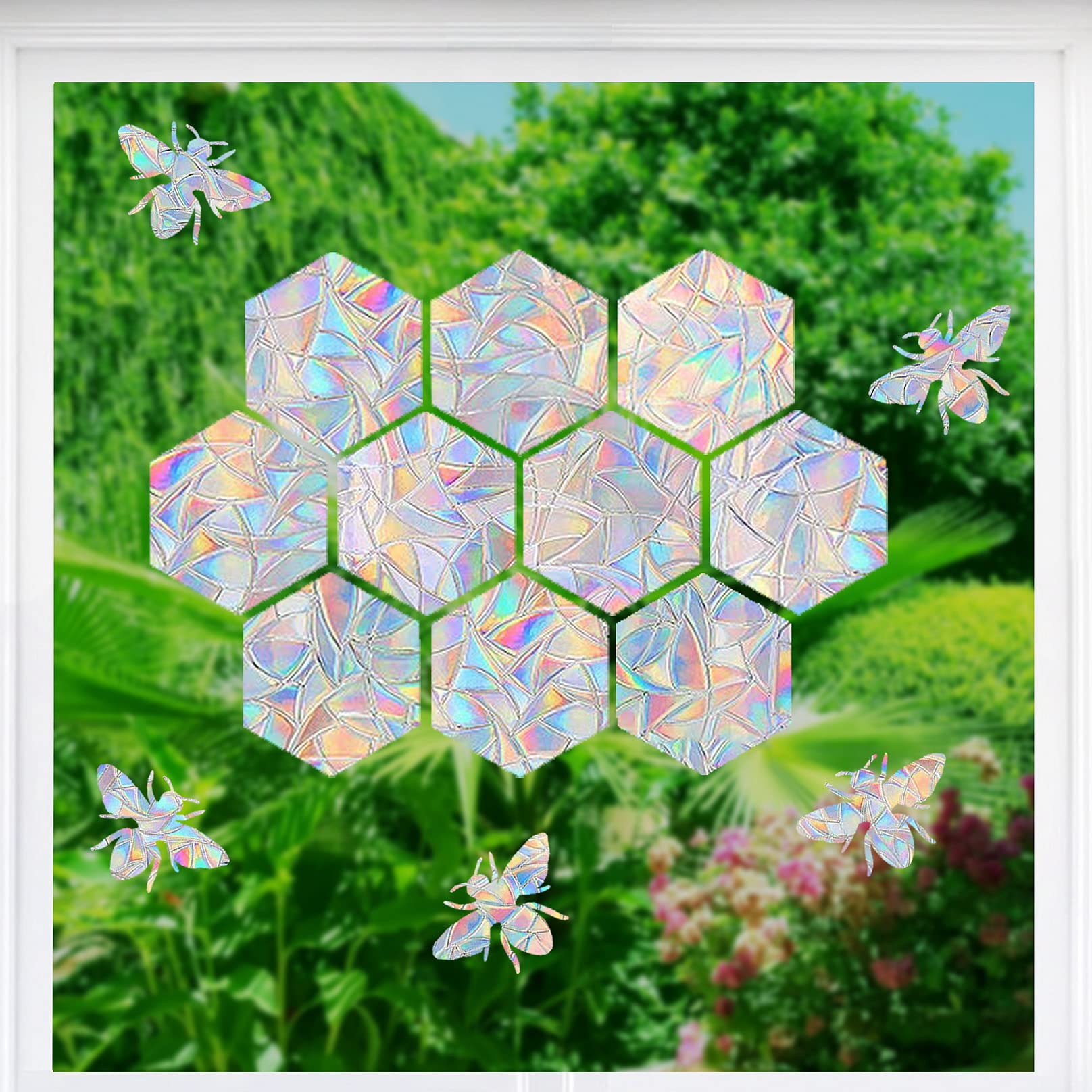 STICKERGURU 16 Pieces Hexagon Bee Window Clings Anti Collision Decals Save Birds Non Adhesive Prismatic Vinyl Rainbow Stickers Bright - View 3 of 7