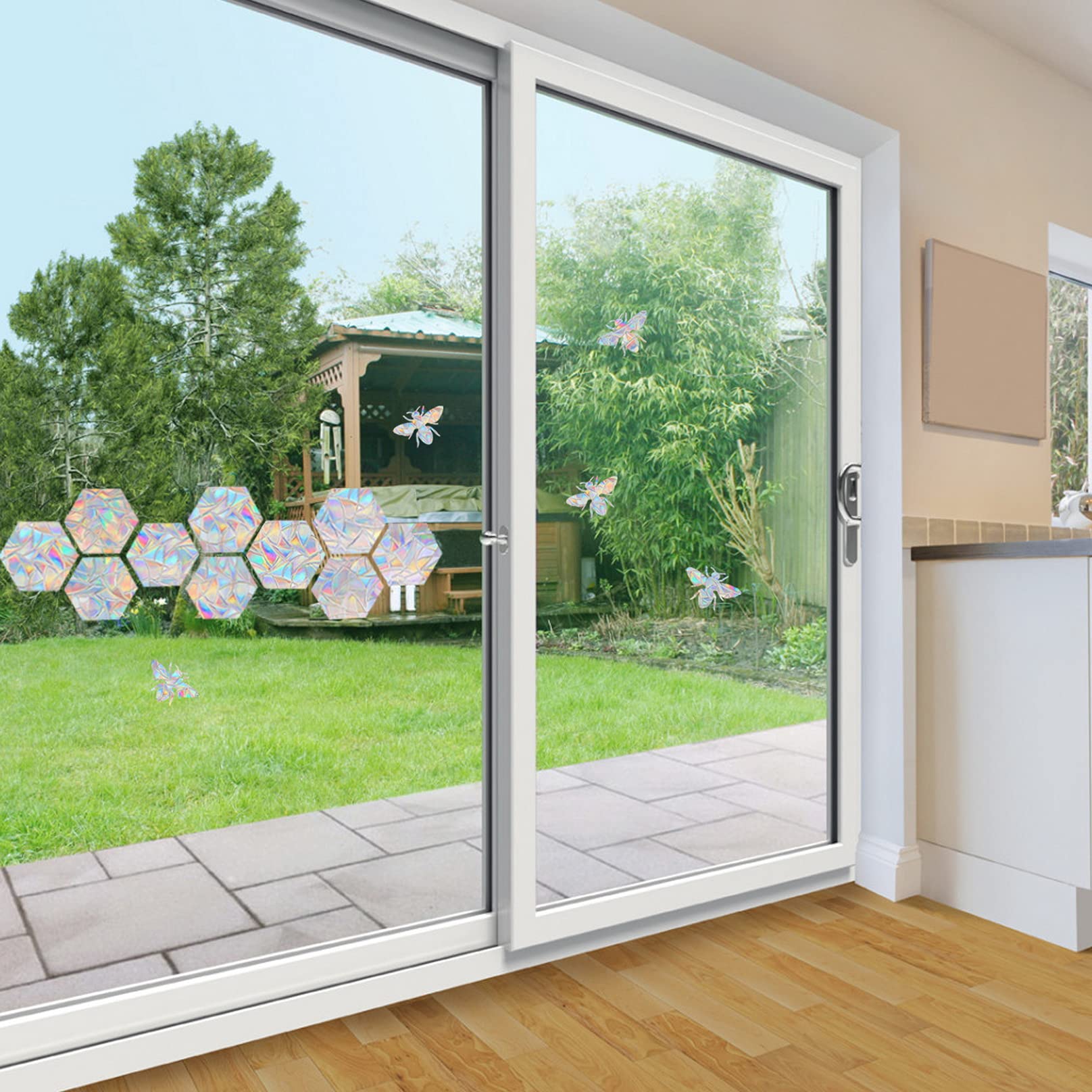 STICKERGURU 16 Pieces Hexagon Bee Window Clings Anti Collision Decals Save Birds Non Adhesive Prismatic Vinyl Rainbow Stickers Bright - View 5 of 7