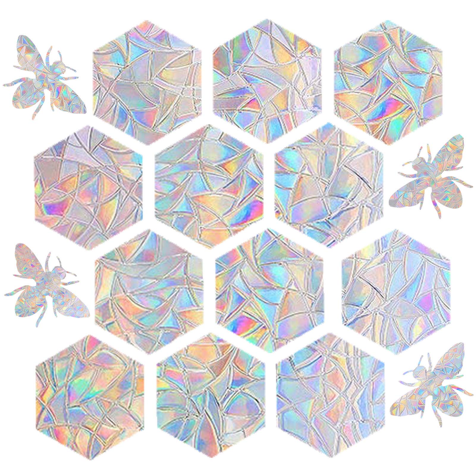 STICKERGURU 16 Pieces Hexagon Bee Window Clings Anti Collision Decals Save Birds Non Adhesive Prismatic Vinyl Rainbow Stickers Bright