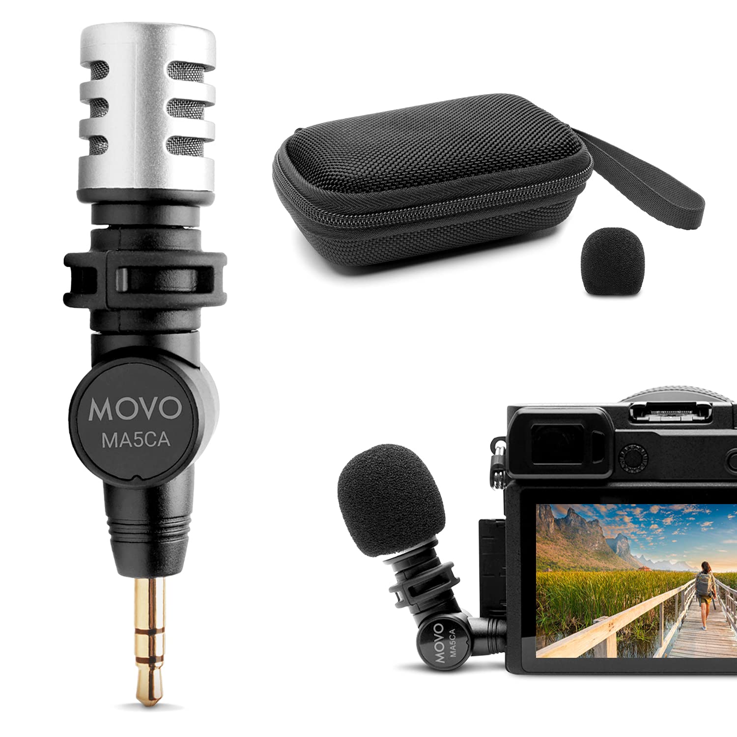 Movo MA5CA Mini Microphone for Camera Compact 3.5mm TRS Mic with 180 Degree Rotation Ideal for Travel Vlogs and Street Videography