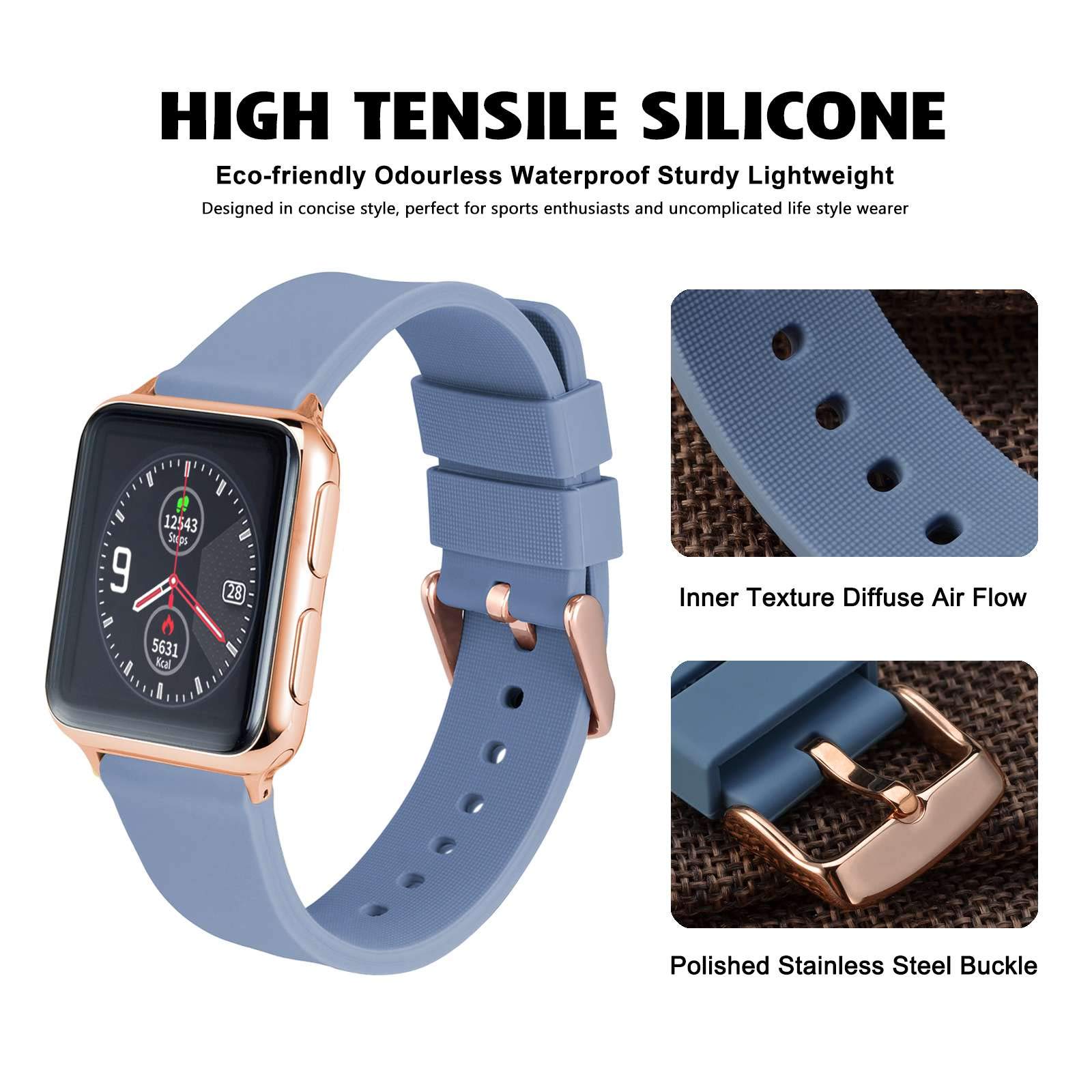 WOCCI 18mm Silicone Watch Band Soft Rubber Replacement Strap with Rose Gold Buckle Quick Release Harbor Blue - View 2 of 8