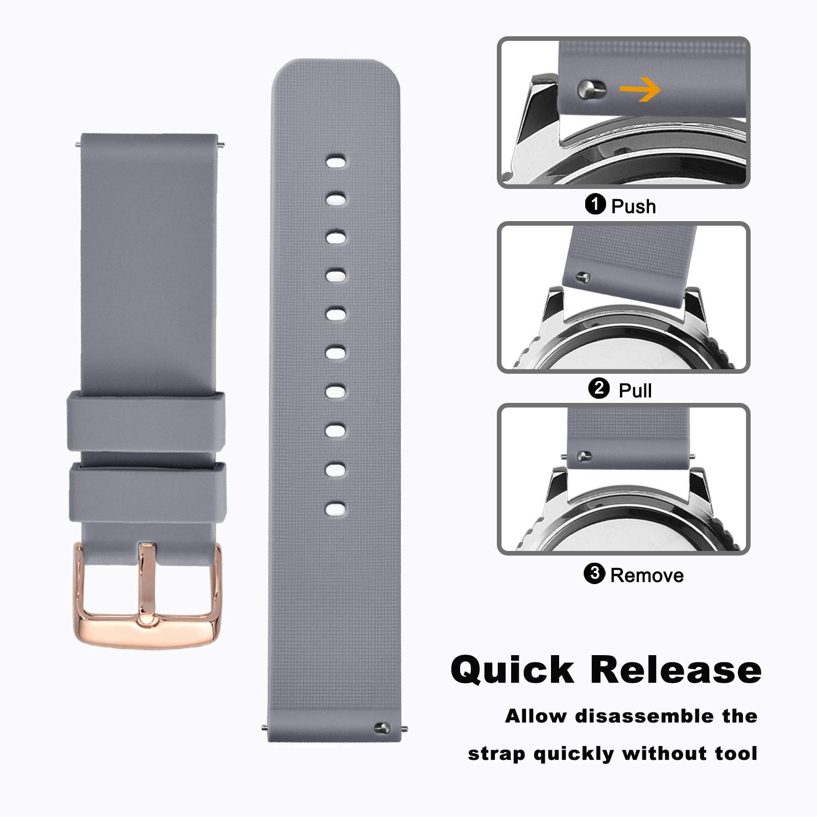 WOCCI 22mm Silicone Watch Band Purple Soft Rubber Replacement Strap with Rose Gold Buckle Quick Release - View 3 of 8