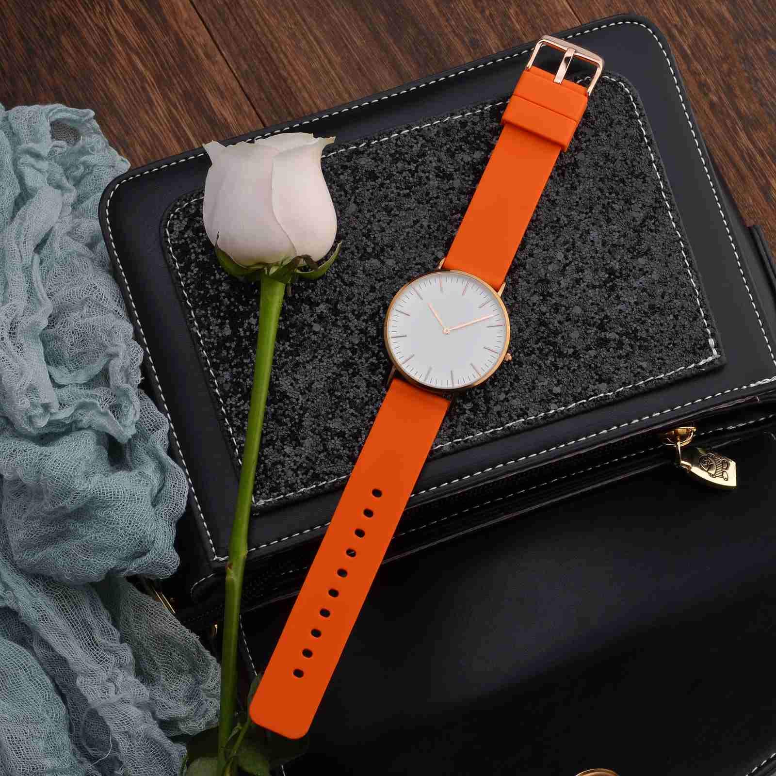 WOCCI 18mm Silicone Watch Band Orange Soft Rubber Replacement Strap with Rose Gold Buckle Quick Release - View 5 of 8