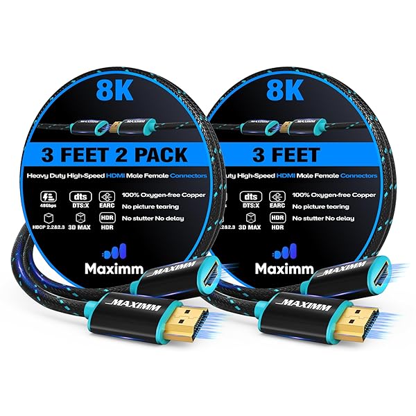 Maximm HDMI Extension Cable Male to Female 3ft (2 Pack) - 8K/10K Ultra HD, High-Speed, 50Gbps, Supports 3D & 2160p Video - View 3 of 9