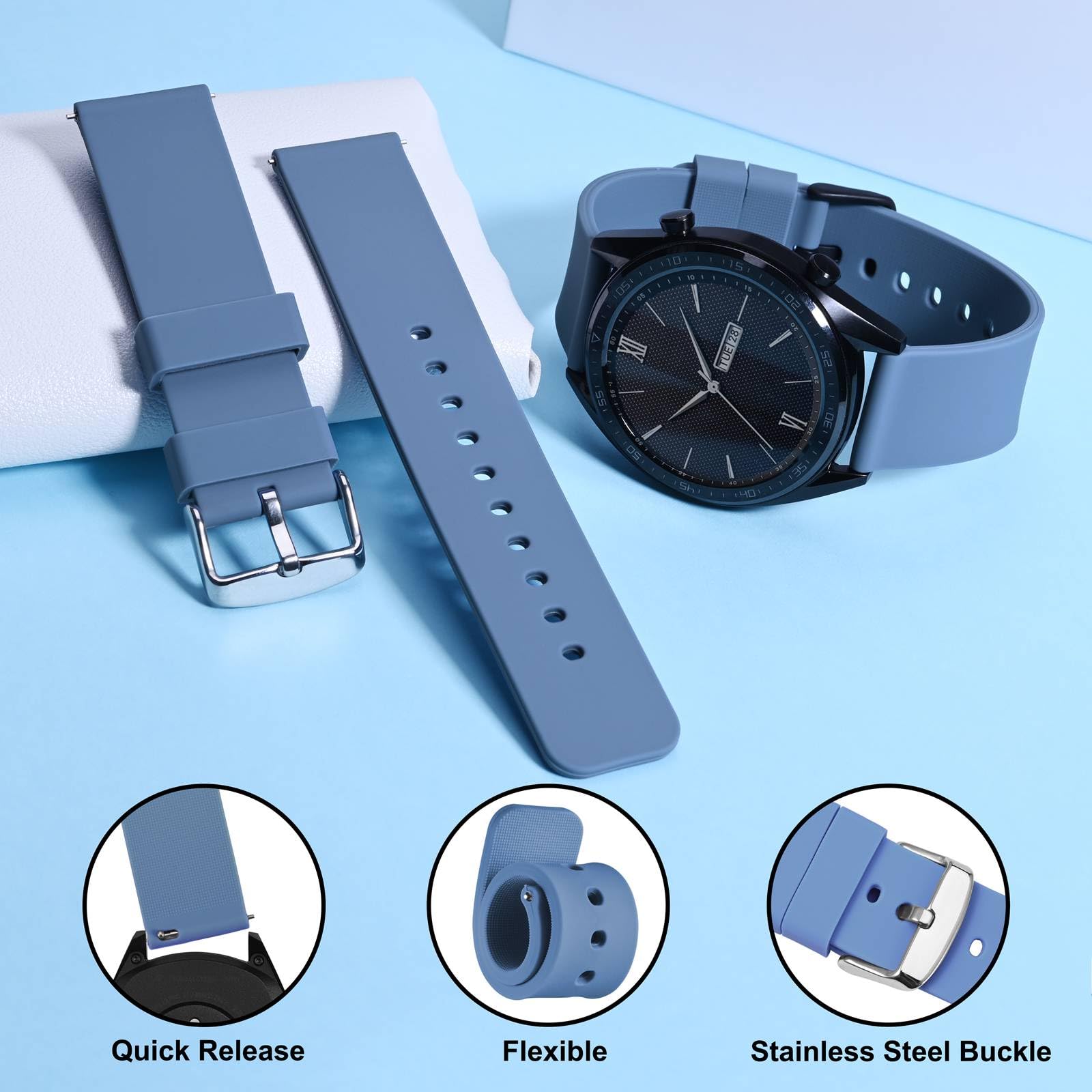 WOCCI 21mm Silicone Watch Band Quick Release Rubber Replacement Strap with Silver Buckle in Blue Grey - View 3 of 9