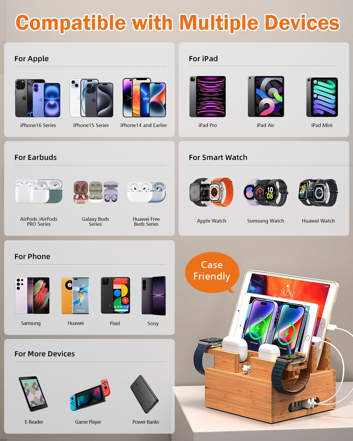 Pezin & Hulin Pezin Hulin Bamboo Charging Station for Multiple Devices with Power Charger and 5 Pack Wire Cables Compatible with Phones Tablets Earbuds Smart Watch - View 2 of 9