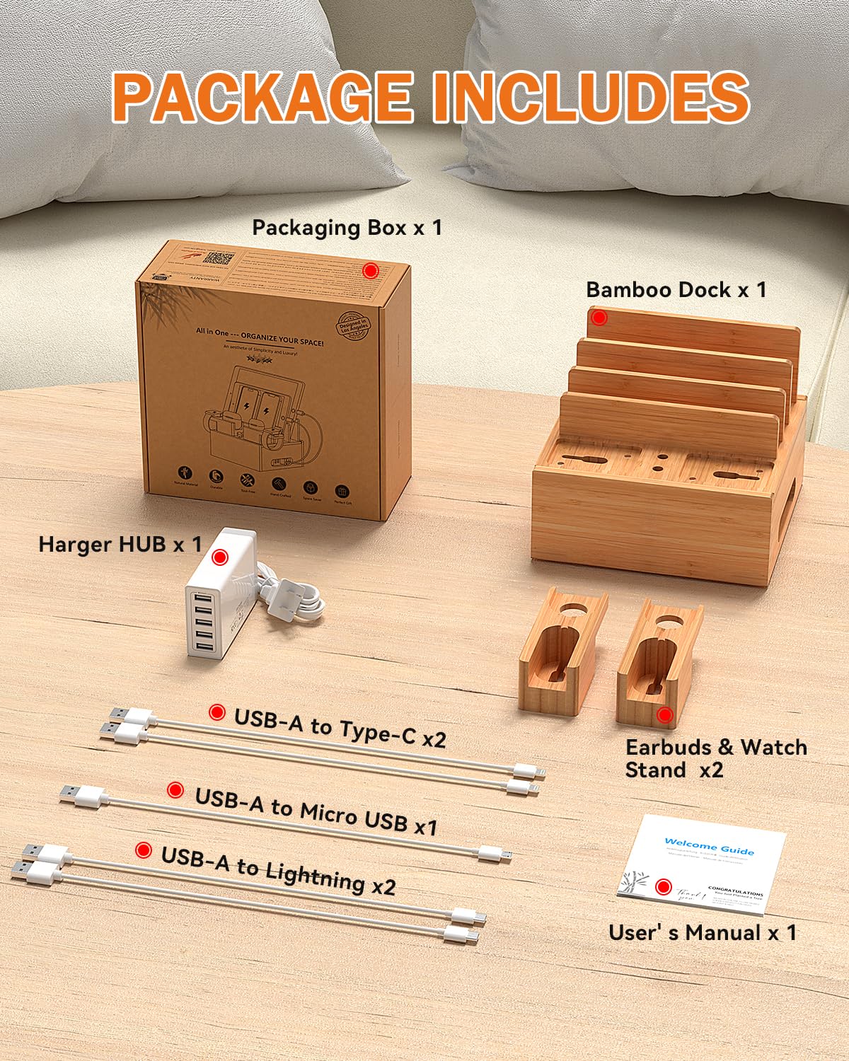 Pezin & Hulin Pezin Hulin Bamboo Charging Station for Multiple Devices with Power Charger and 5 Pack Wire Cables Compatible with Phones Tablets Earbuds Smart Watch - View 3 of 9