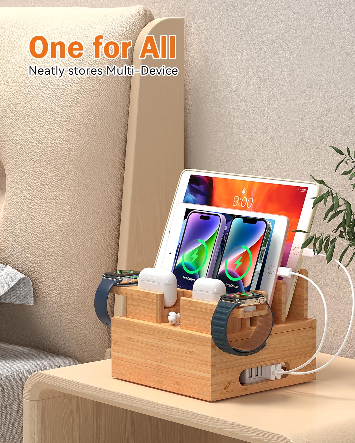 Pezin & Hulin Pezin Hulin Bamboo Charging Station for Multiple Devices with Power Charger and 5 Pack Wire Cables Compatible with Phones Tablets Earbuds Smart Watch - View 4 of 9