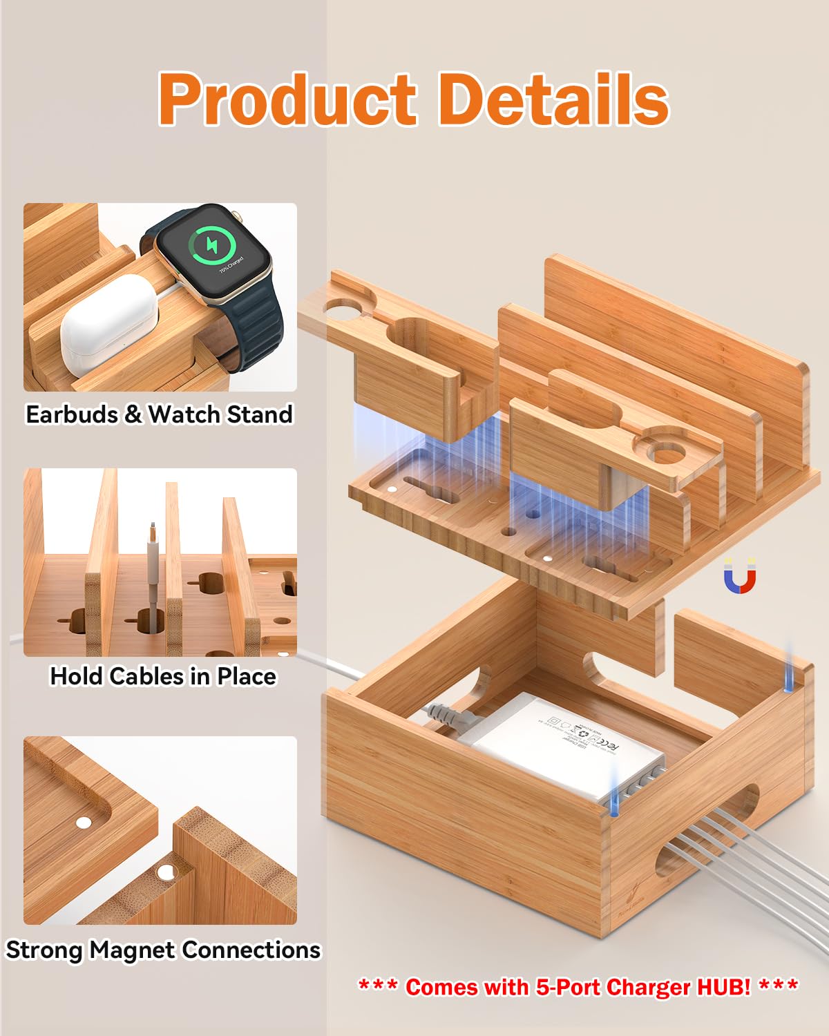 Pezin & Hulin Pezin Hulin Bamboo Charging Station for Multiple Devices with Power Charger and 5 Pack Wire Cables Compatible with Phones Tablets Earbuds Smart Watch - View 5 of 9